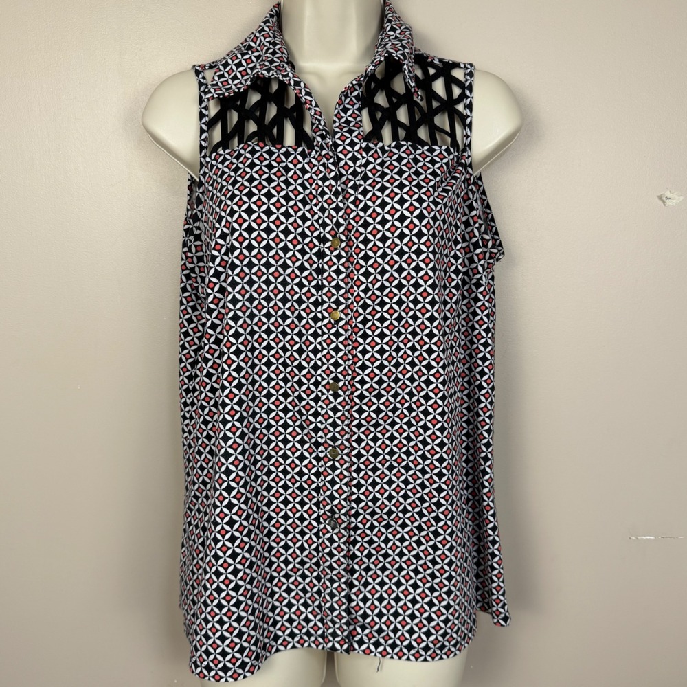 Robert Louis Sleeveless Geometric Medallion Blouse Cage Cutout Black Pink Medium